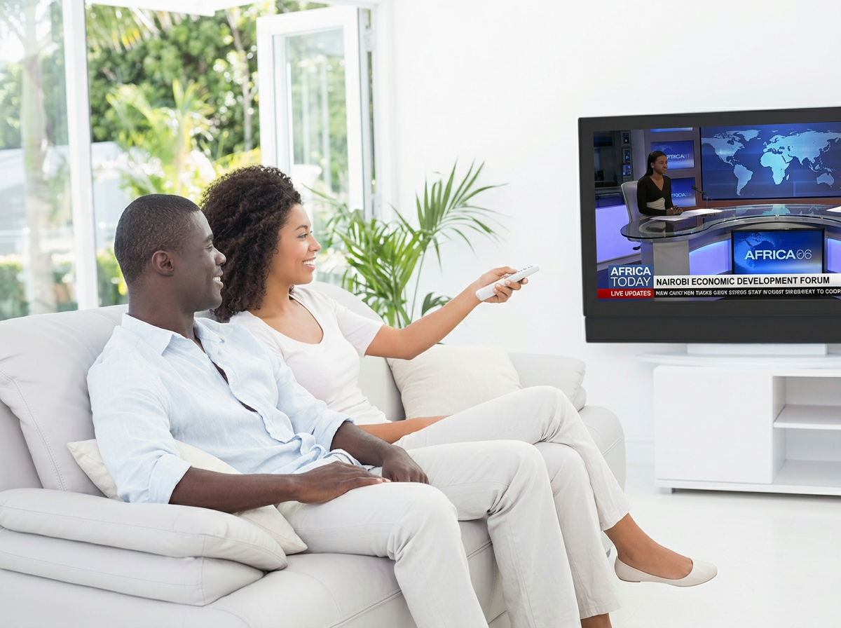 African family watching live TV channels from home in the USA